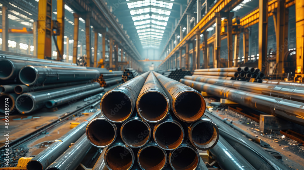 In a metallurgical plant workshop, a gantry crane loads steel pipes. Generative AI. In a metallurgical plant workshop, a gantry crane loads steel pipes. Generative AI.