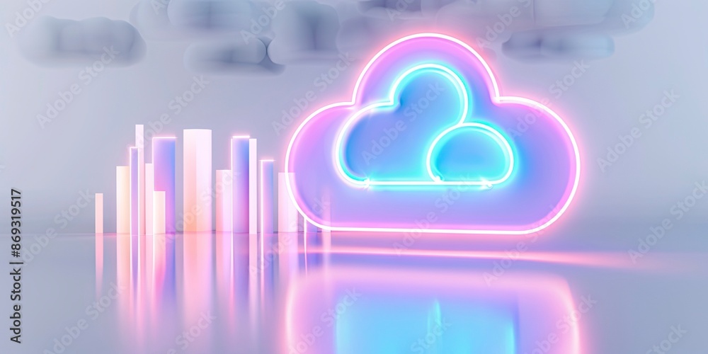 glowing neon colour cloud icon with modern city buildings background glowing neon colour cloud icon with modern city buildings background