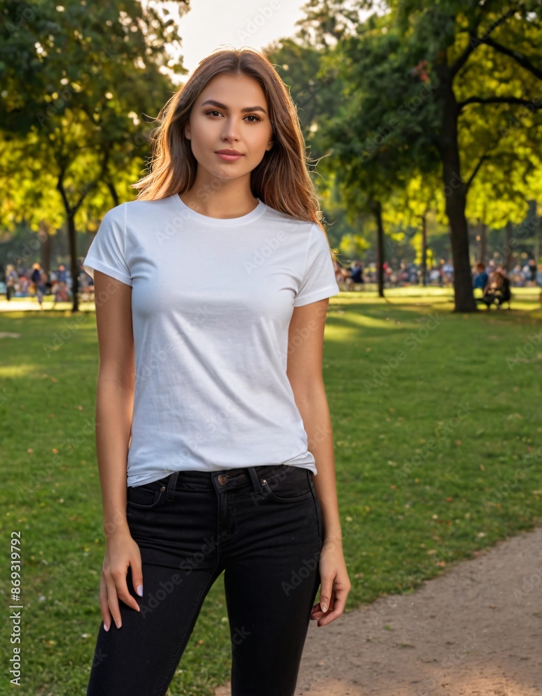 A Girl Wearing Blank White T-shirt At Park A Girl Wearing Blank White T-shirt At Park