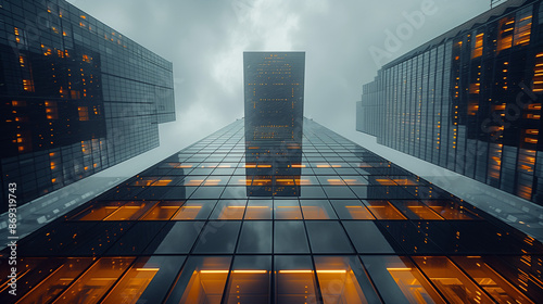 Wallpaper Mural Photo of a Skyscraper in the City Taken from a 45-Degree Angle in Overcast Rainy Weather with a DSLR Camera in 16K Resolution Torontodigital.ca