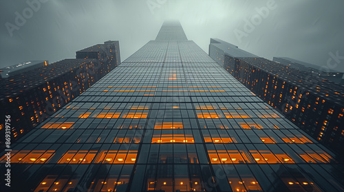 Wallpaper Mural Photo of a Skyscraper in the City Taken from a 45-Degree Angle in Overcast Rainy Weather with a DSLR Camera in 16K Resolution Torontodigital.ca
