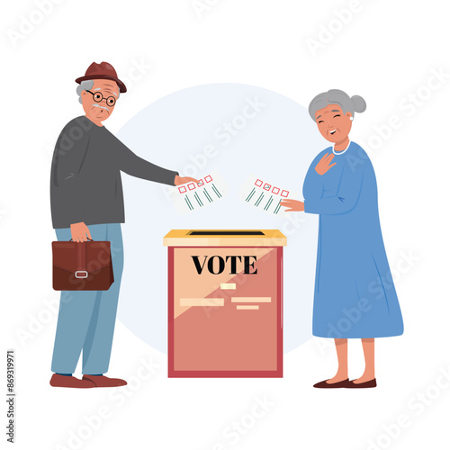 Old people throwing voting ballot for candidate in box during president or government election or referendum