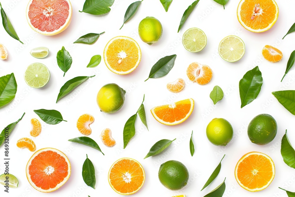 Isolated on a green background are oranges and lemon limes falling in the air with half slices and a background of green leaves, fresh organic fruit that is rich in vitamins and minerals. Isolated on a green background are oranges and lemon limes falling in the air with half slices and a background of green leaves, fresh organic fruit that is rich in vitamins and minerals.