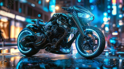 Girl on a sci-fi bike with a helmet, woman riding a black futuristic motorcycle in the city at night, 3D rendering