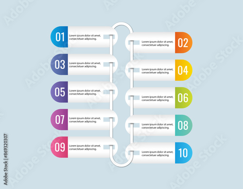 Business infographic template design with rounded rectangle and process step with 10 options. Can be used for slides, diagram, presentation or web design. Vector illustration