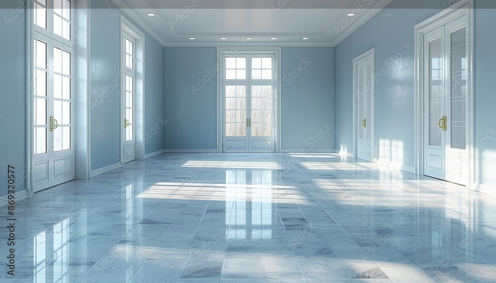 Fototapeta premium Elegant classical-style room with tall windows, soft light patterns, and a glossy marble floor