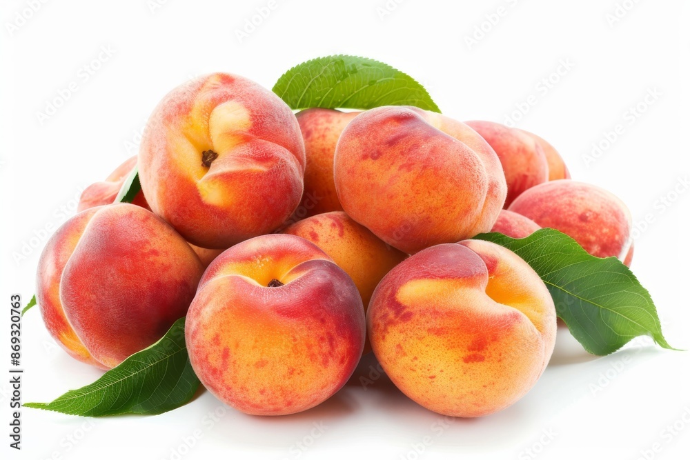 Peach with green leaves isolated on a white background, popular Nectarine fruit. Fresh peaches are delicious and tasty. Peach with green leaves isolated on a white background, popular Nectarine fruit. Fresh peaches are delicious and tasty.
