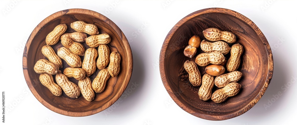 Peanuts in a wooden bowl with salt, with a top and side view, isolated on a transparent background