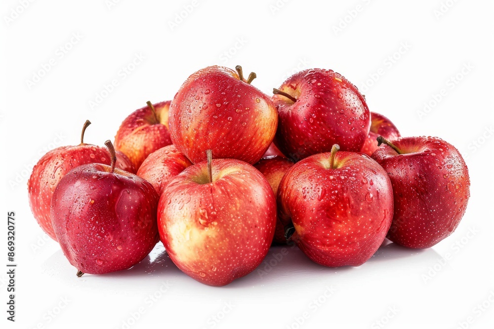 Fruit in autumn season, fresh juicy and delicious apples in a bunch with leaves isolated on a white background. Autumn season fruit, ripe red apples with leaves.