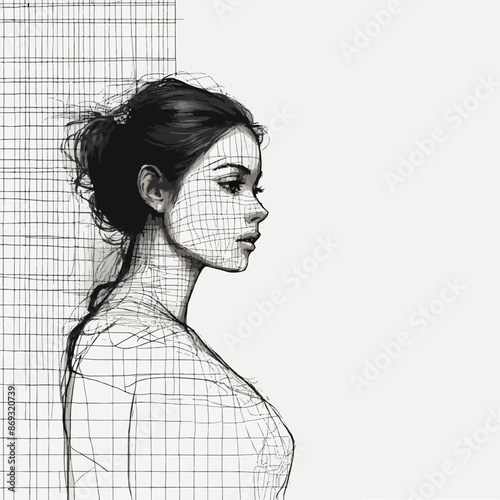 sketch of the girl silhouette, black, single lines as a grid on a white background, filling the entire silhouette