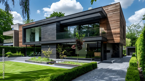 Residential architecture exterior of a modern luxury minimalist cubic house villa, featuring wooden cladding, black panel walls, and a meticulously landscaped front yard design © Pik_Lover