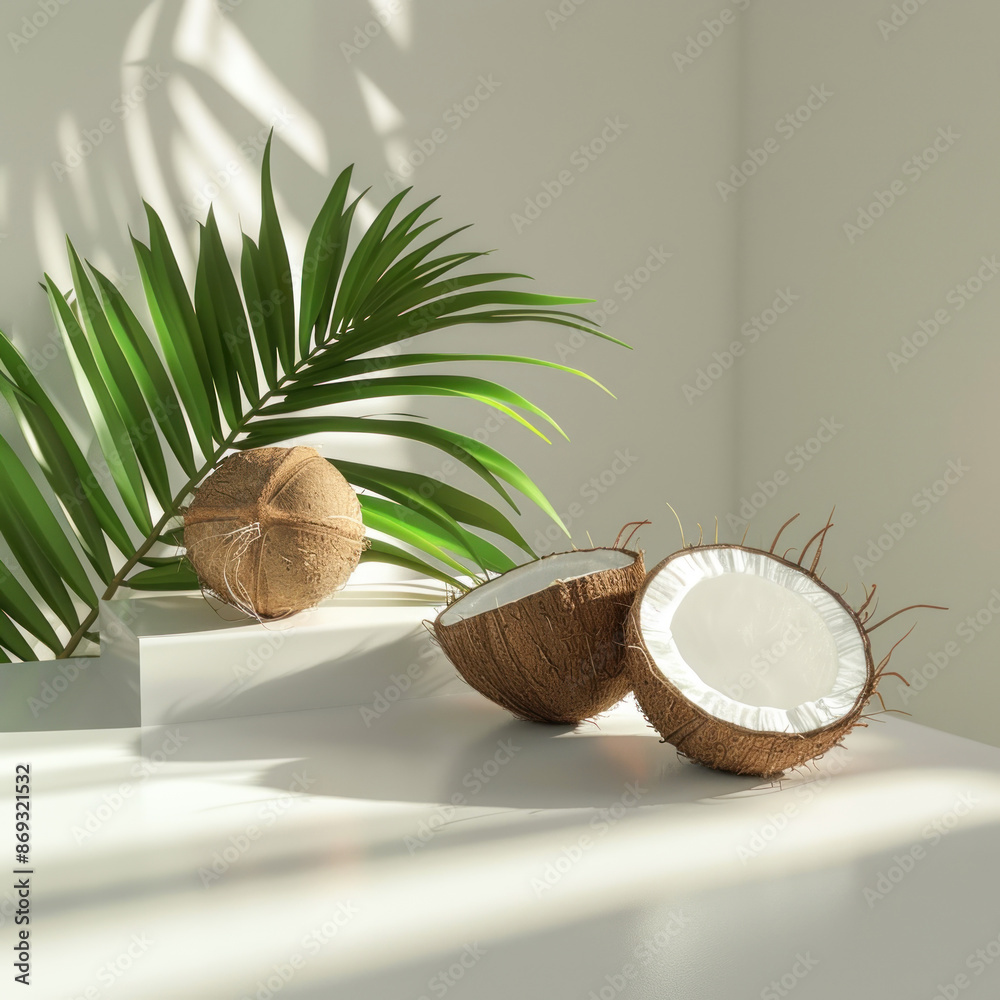 coconut with leaf on white background coconut with leaf on white background