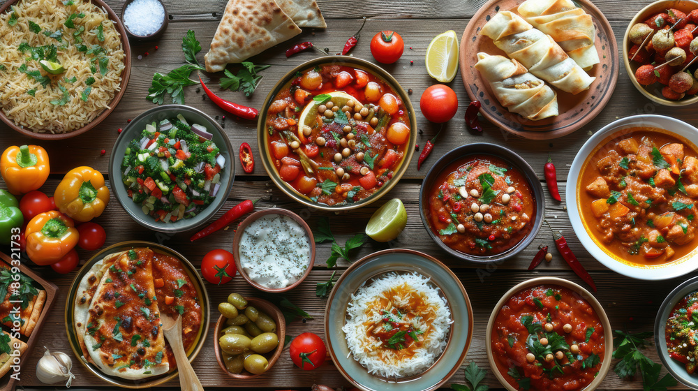 e diverse culinary cultures and international flavors, Moroccan cuisine being served on rustic wooden table