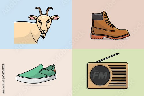 Set of the Goat, Radio with Comfortable Orthotics Shoe Insole Pair, Arch Supports vector illustration. Fashion object icon concept. Collection of insoles for a comfortable and healthy walk vector.