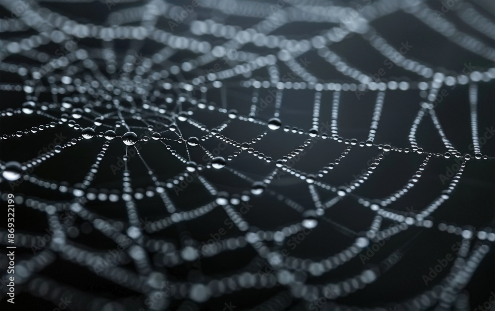 A spider web with water droplets on it A spider web with water droplets on it