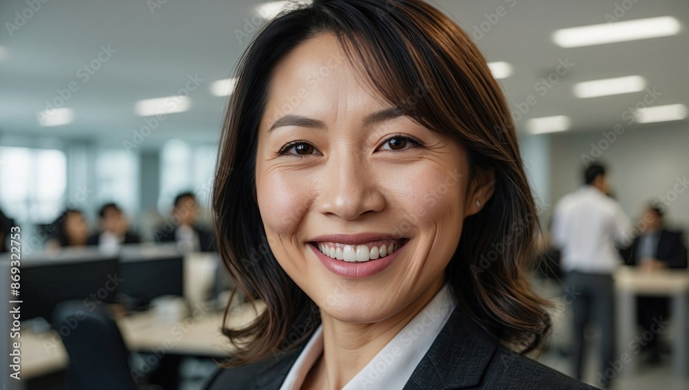 Smiling Asian woman in a professional office setting, wearing a dark suit, surrounded by colleagues in a modern open-plan workspace, exuding confidence and warmth.