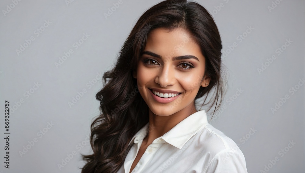 Smiling young Indian woman with long dark hair, wearing a white blouse, exuding confidence and warmth against a plain background. Smiling young Indian woman with long dark hair, wearing a white blouse, exuding confidence and warmth against a plain background.