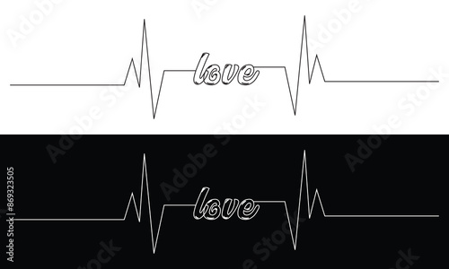 A stylized cardiogram with a heart rhythm and the word "love". Seamless rhythm of a loving heart. A hand drawn  in doodling style. Isolated on a white and black background. vector illustration. EPS 10