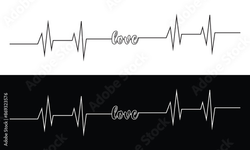 A stylized cardiogram with a heart rhythm and the word "love". Seamless rhythm of a loving heart. A hand drawn  in doodling style. Isolated on a white and black background. vector illustration. EPS 10