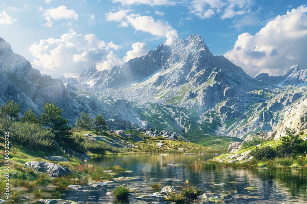 A serene mountain landscape with a calm lake in the foreground, surrounded by lush greenery and majestic mountains A serene mountain landscape with a calm lake in the foreground, surrounded by lush greenery and majestic mountains