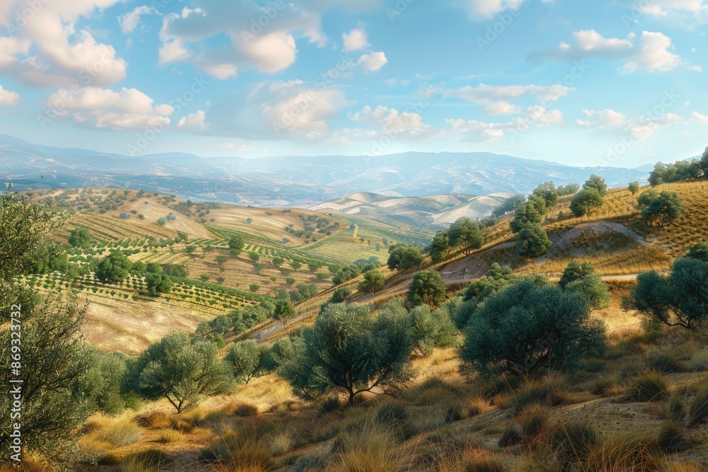 Fototapeta premium A serene valley scene with trees and rolling hills in the background, ideal for use in travel or nature-related contexts