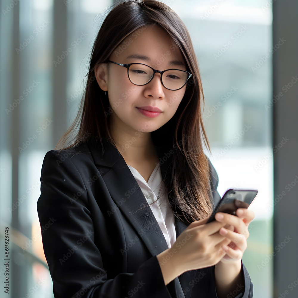 Young businesswoman wearing glasses using smartphone in modern office building Young businesswoman wearing glasses using smartphone in modern office building