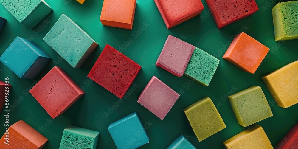 A collection of colorful blocks arranged on a green surface, possibly for creative play or demonstration A collection of colorful blocks arranged on a green surface, possibly for creative play or demonstration