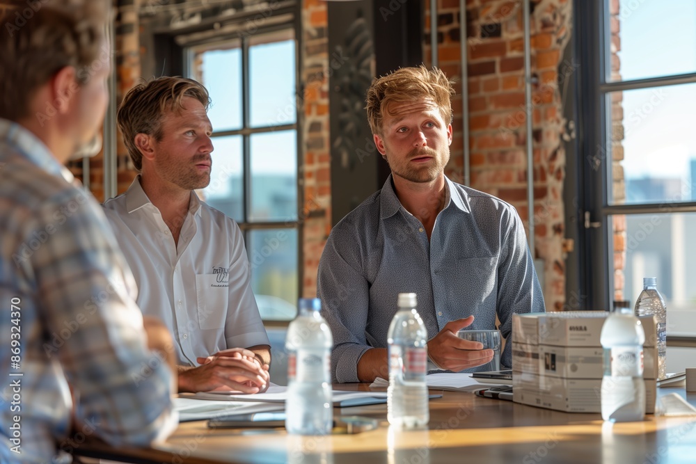 Three Men in a Meeting Room With Brick Walls and Large Windows Three Men in a Meeting Room With Brick Walls and Large Windows