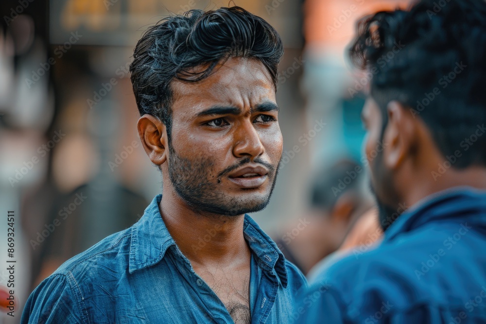 A close-up shot of a person wearing a blue shirt, informative and straightforward A close-up shot of a person wearing a blue shirt, informative and straightforward