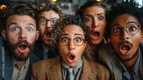 A funny photo of a group of business people in an office team looking at the camera with confused and surprised mood with big ball eyes and open mouth