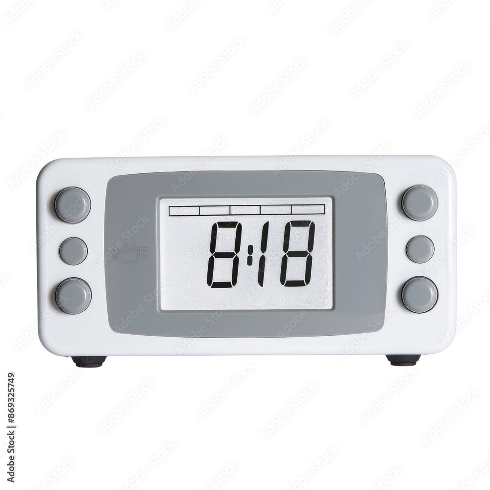 White digital clock with grey buttons White digital clock with grey buttons