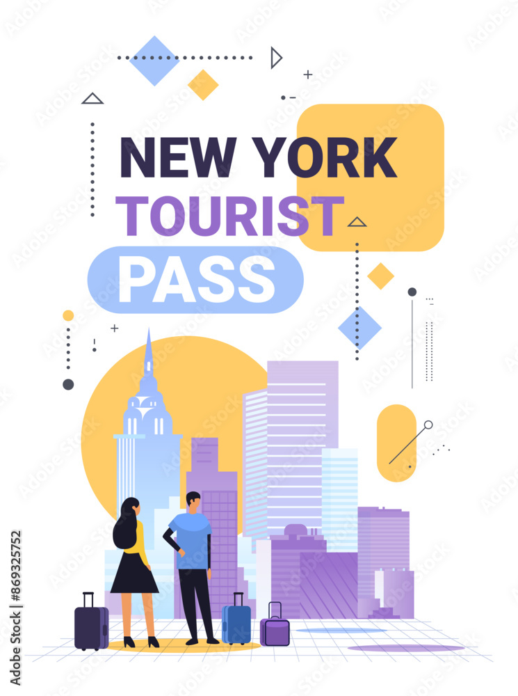 New York City skyline with tourists and luggage modern flat design colorful geometric shapes travel theme