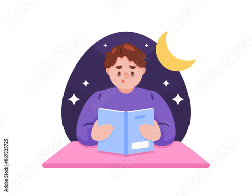 illustration of a man reading a book until midnight. The man looks tired and sleepy because he studied until midnight. studying too long. lifestyle. character design. flat style