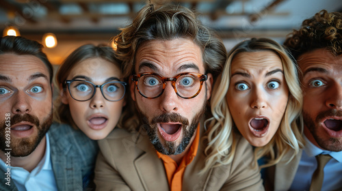 A funny photo of a group of business people in an office team looking at the camera with confused and surprised mood with big ball eyes and open mouth