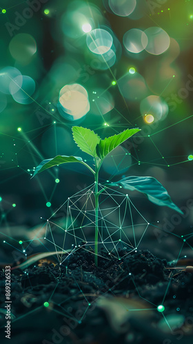 Abstract digital green plant growing in soil, artificial intelligence and big data concept background