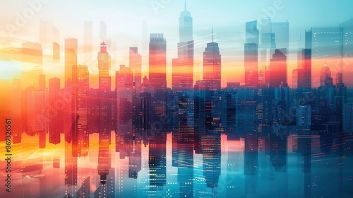 A close-up view of a business forecast in a city skyscraper. Double exposure silhouettes merge seamlessly with the towering buildings, creating an impactful urban image. © Bantita