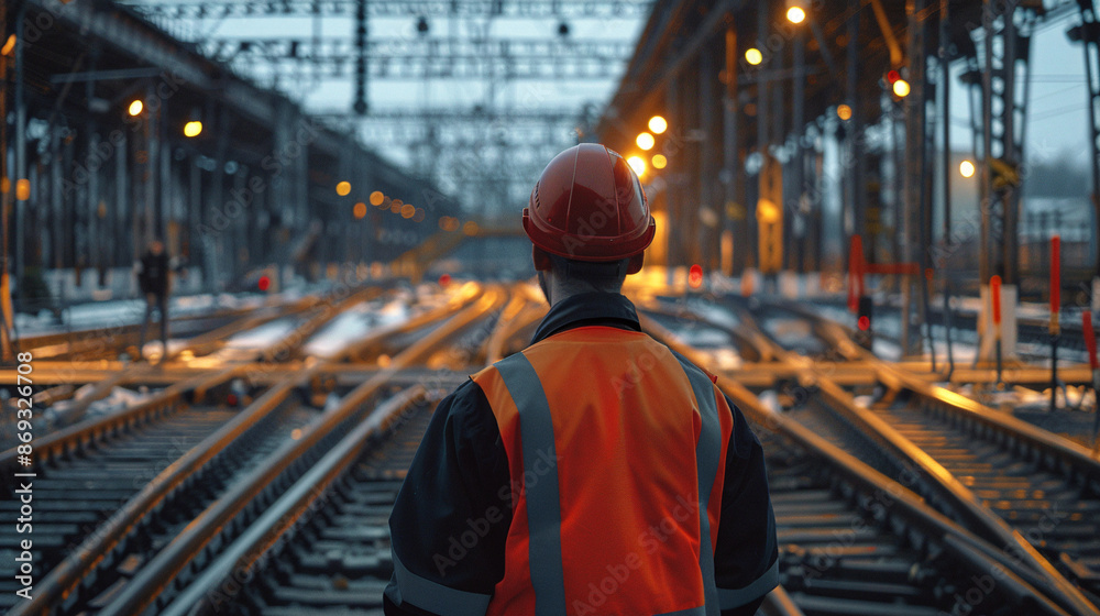 Railway worker looks at railway tracks in the distance. Photo from behind. Worker in uniform and helmet. Railway worker looks at railway tracks in the distance. Photo from behind. Worker in uniform and helmet.