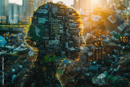 A close-up of an e-waste recycling facility, emphasizing vibrant electronics with ample copy space. Double exposure silhouettes incorporate climate data, creating a layered visual context. photo