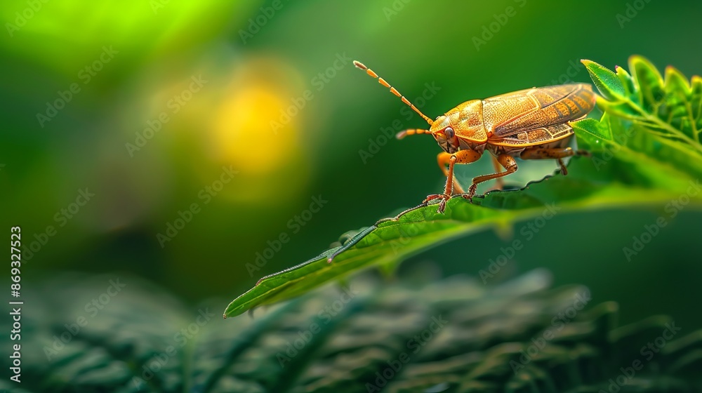 Naklejka premium Close-up of a small insect on a leaf with a vibrant green background. High detail macro photograph focusing on nature and wildlife photography. Perfect for educational and scientific use. AI