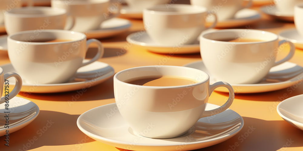 White cups of coffee on the table, side view White cups of coffee on the table, side view
