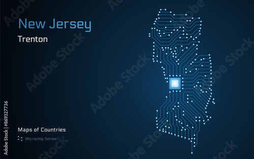 New Jersey Map with a capital of Oklahoma City Shown in a Microchip Pattern. Silicon valley, E-government. United States vector maps. Microchip Series
