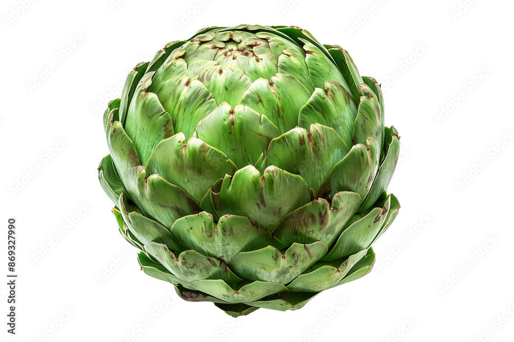 Obraz premium Green Globe artichoke with a purple base is isolated on a white background.