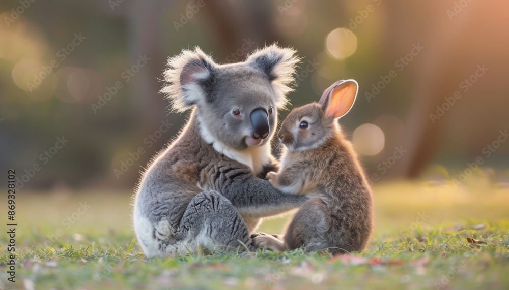 Fototapeta premium Koala and Rabbit in Tender Embrace A heartwarming scene of a koala and a rabbit sitting on grass, embracing each other with soft sunlight in the background.