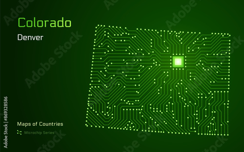 Colorado Map with a capital of Denver Shown in a Microchip Pattern. Silicon valley, E-government. United States vector maps. Microchip Series