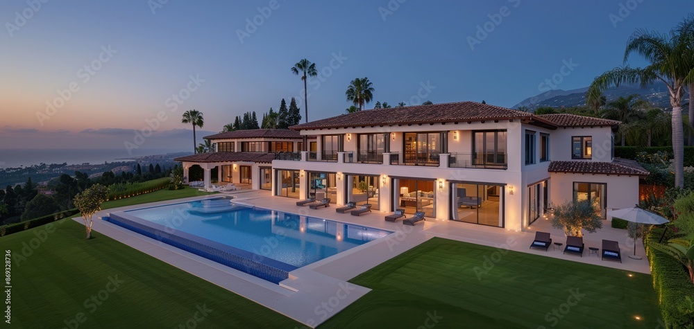 Fototapeta premium Luxurious modern mansion with a large swimming pool and stunning sunset views, surrounded by lush greenery and open space.
