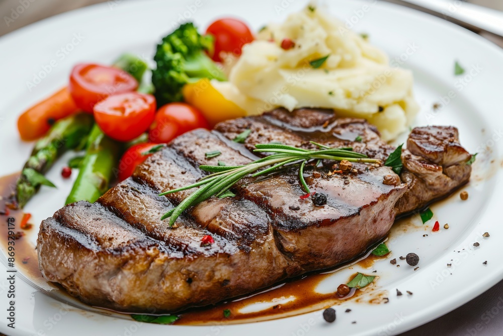 Grilled steak with mashed potatoes and vegetables served on a white plate Grilled steak with mashed potatoes and vegetables served on a white plate