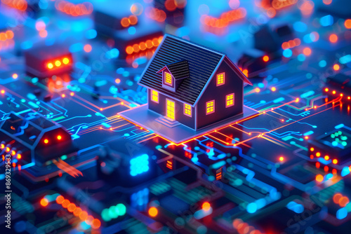Technology background. Technological modern housing. Illustration of house on motherboard, symbolizing a lot of technology in house © CozyDigital