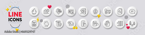 Instruction manual, Chat and Equity line icons. White buttons 3d icons. Pack of New mail, Search files, Chemistry lab icon. Mail letter, Hold document, Fire energy pictogram. Vector