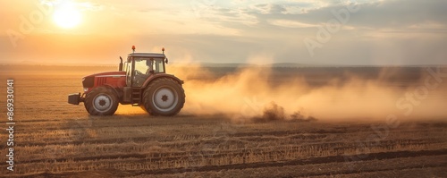 Dusty scene of a tractor plowing the field with sunset in the background