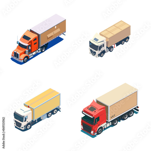 Red isometric semi trucks